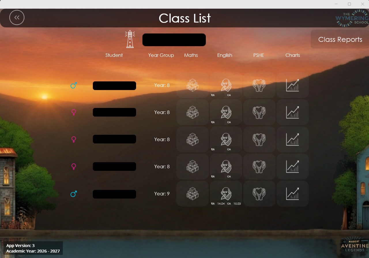 Gingerbread class list with pupil assessment areas and chart access